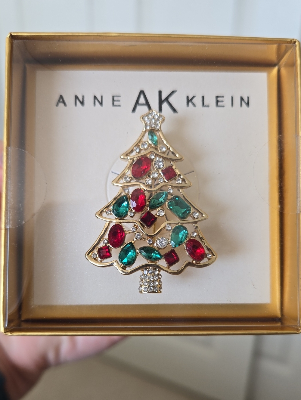 Anne Klein Gold-Tone Christmas Tree Brooch with Red & Green Stones